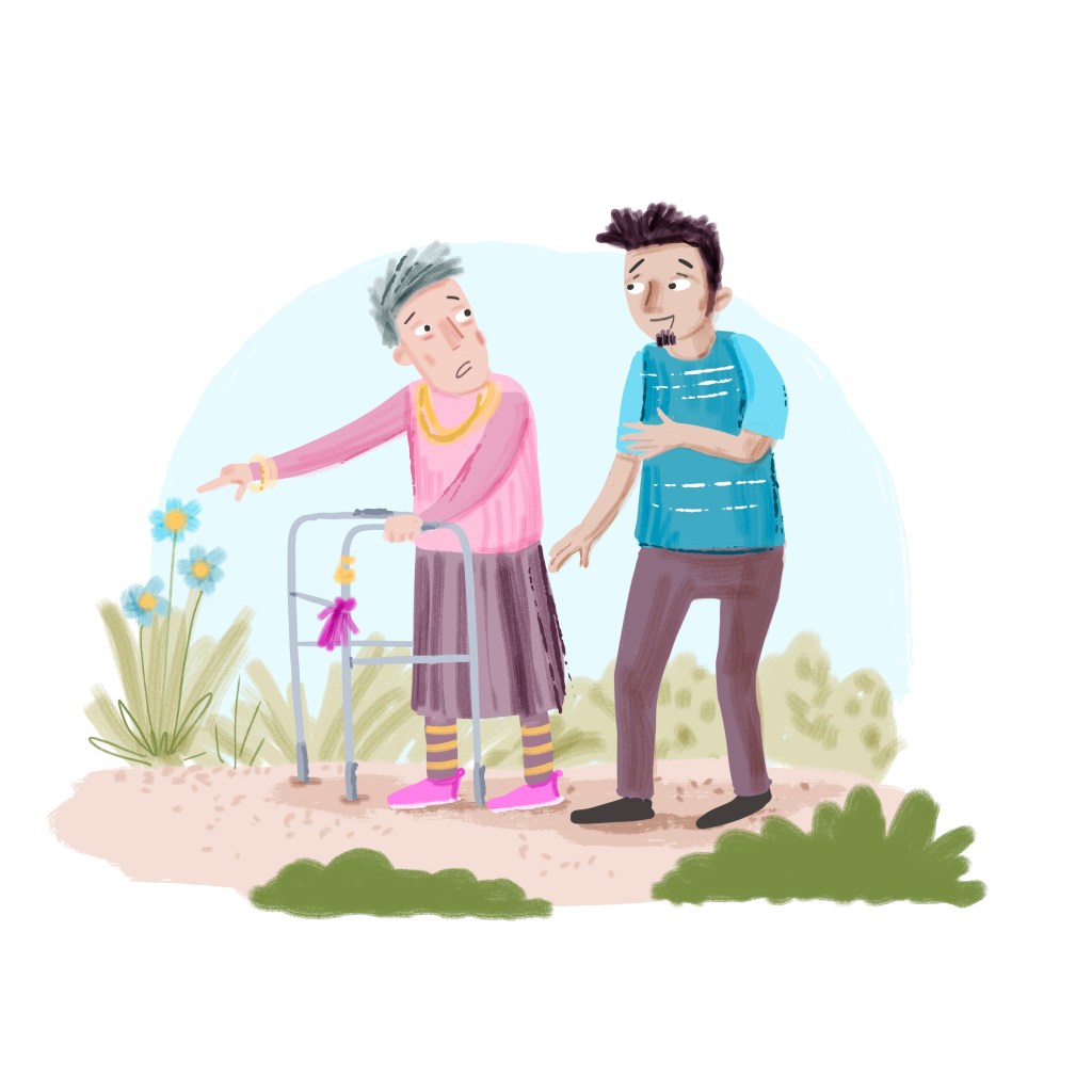 Older person walking with a walker outside pointing something out to another person walking with them